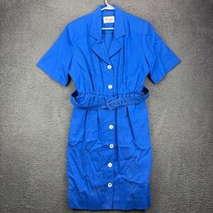 Vintage Henry Lee Petites Royal Blue Belted Button Front Midi Dress Womens